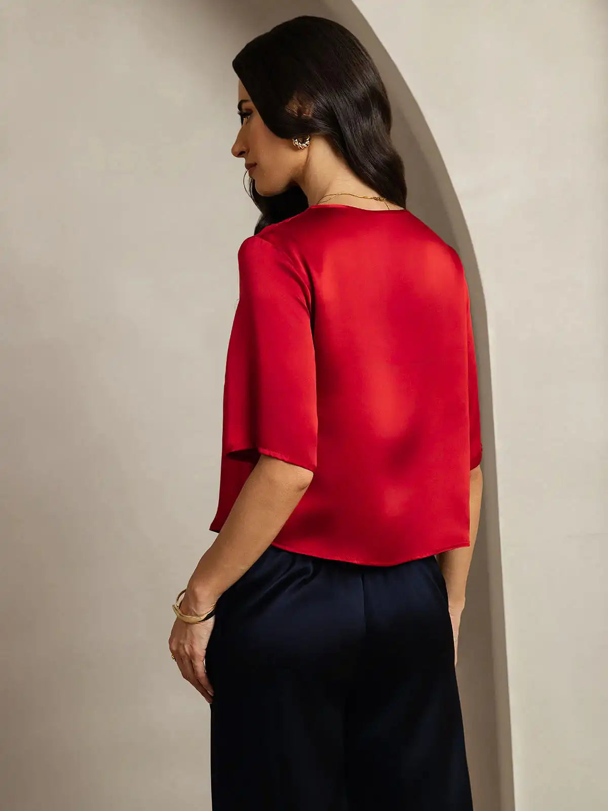 100% Mulberry Silk Women's Blouse Short Sleeve Boxy Crop Top
