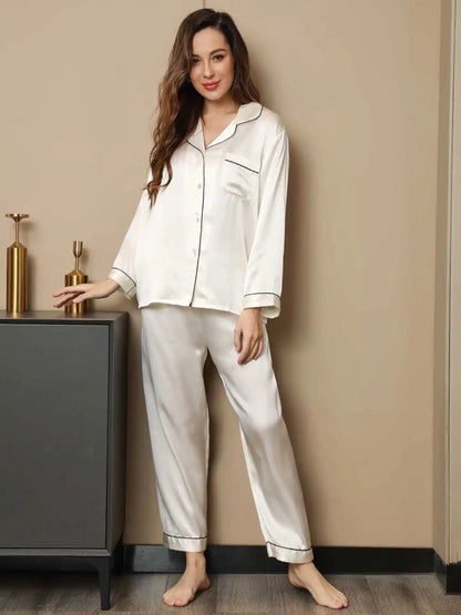 100% Mulberry Silk Lapel Collar Button Up Women's Pajamas Set