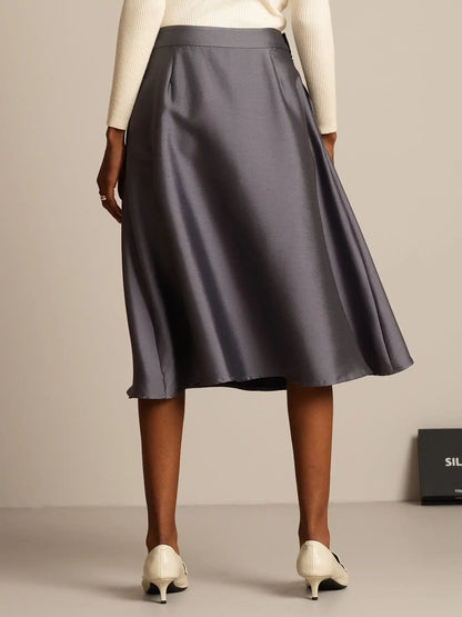 32Momme Silk-Wool Blend  A Line Midi Skirt with Zipper Deign