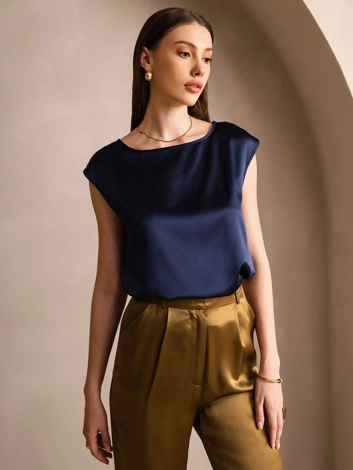 19Momme Women's Silk Cap Sleeve Round Neck Top