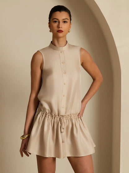 Clearance - Pure Silk Sleeveless Short Dress With Adjustable Drawstring Drop Waist