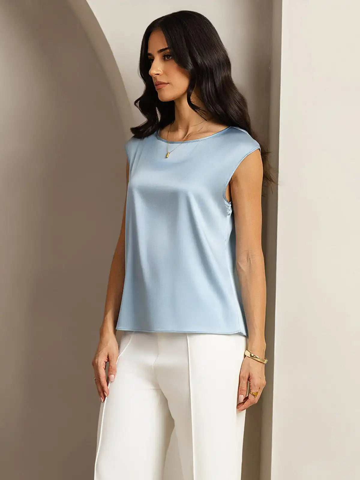 19Momme Women's Silk Cap Sleeve Round Neck Top