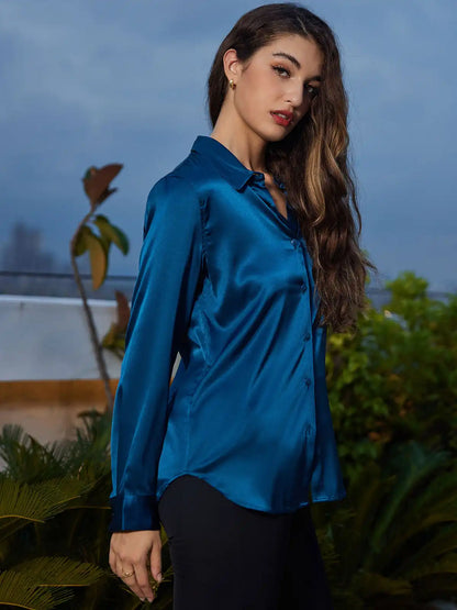 19Momme Silk Long Sleeve Lapel Collar Women's Shirt with Button Up Design