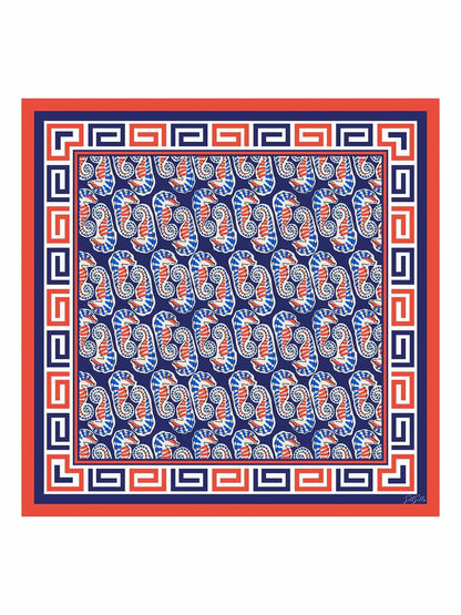 100% Mulberry Silk  Seahorse Pattern Scarf - Size 90x90cm