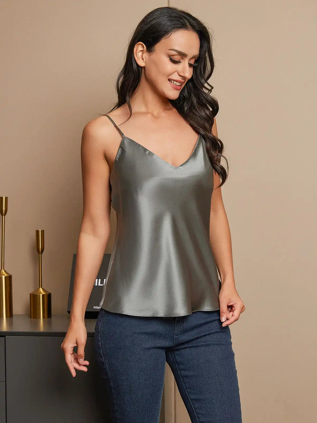 100% Mulberry Silk Spaghetti Strap V Neck Camisole Top