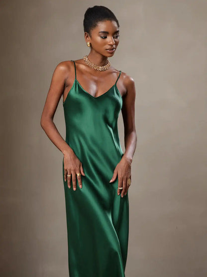 100% Mulberry Silk Spaghetti Strap Midi Long Dress
