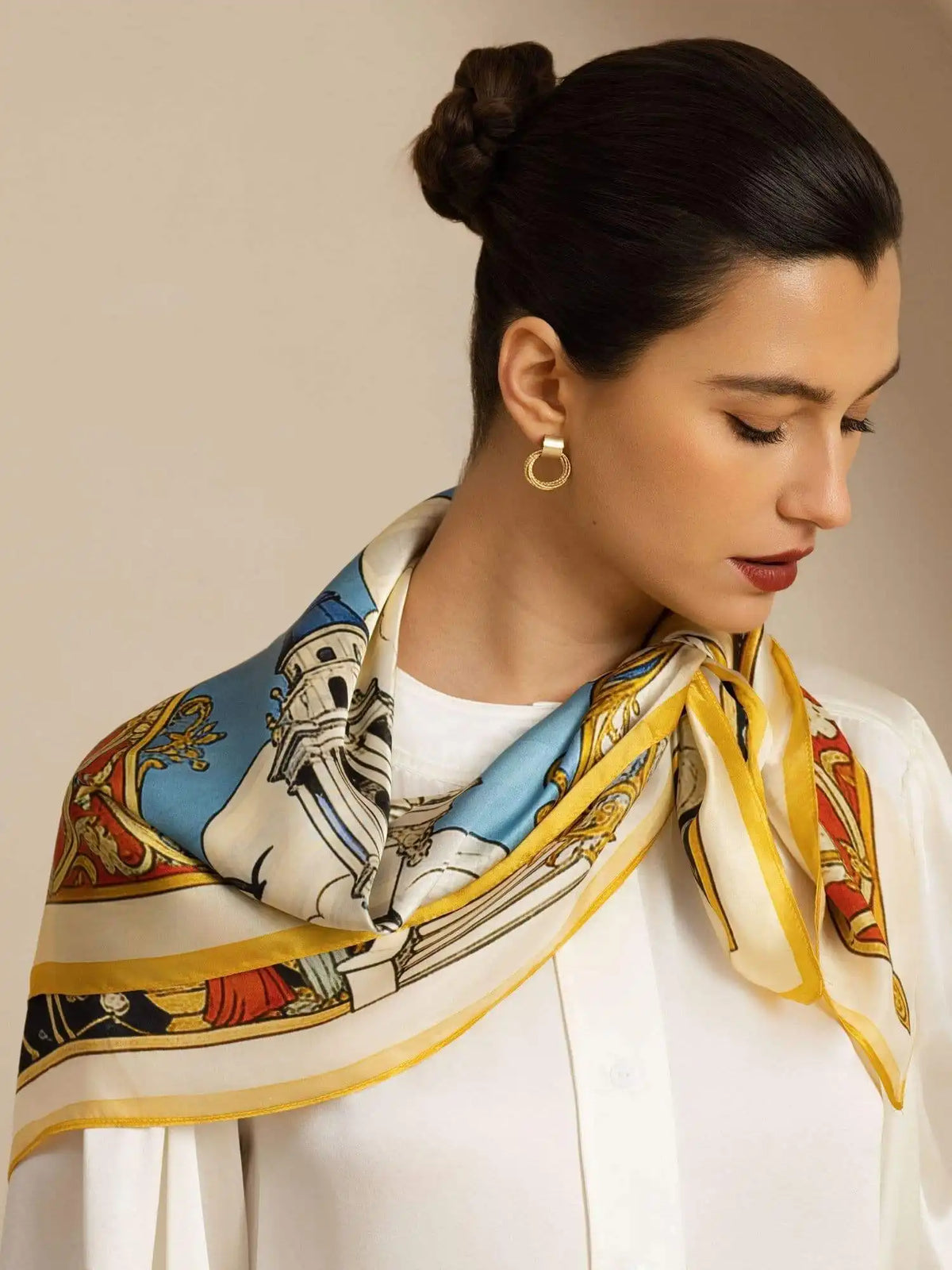 Clearance - Pure Silk White Cathedrals Print Square Scarf - Size 90x90cm