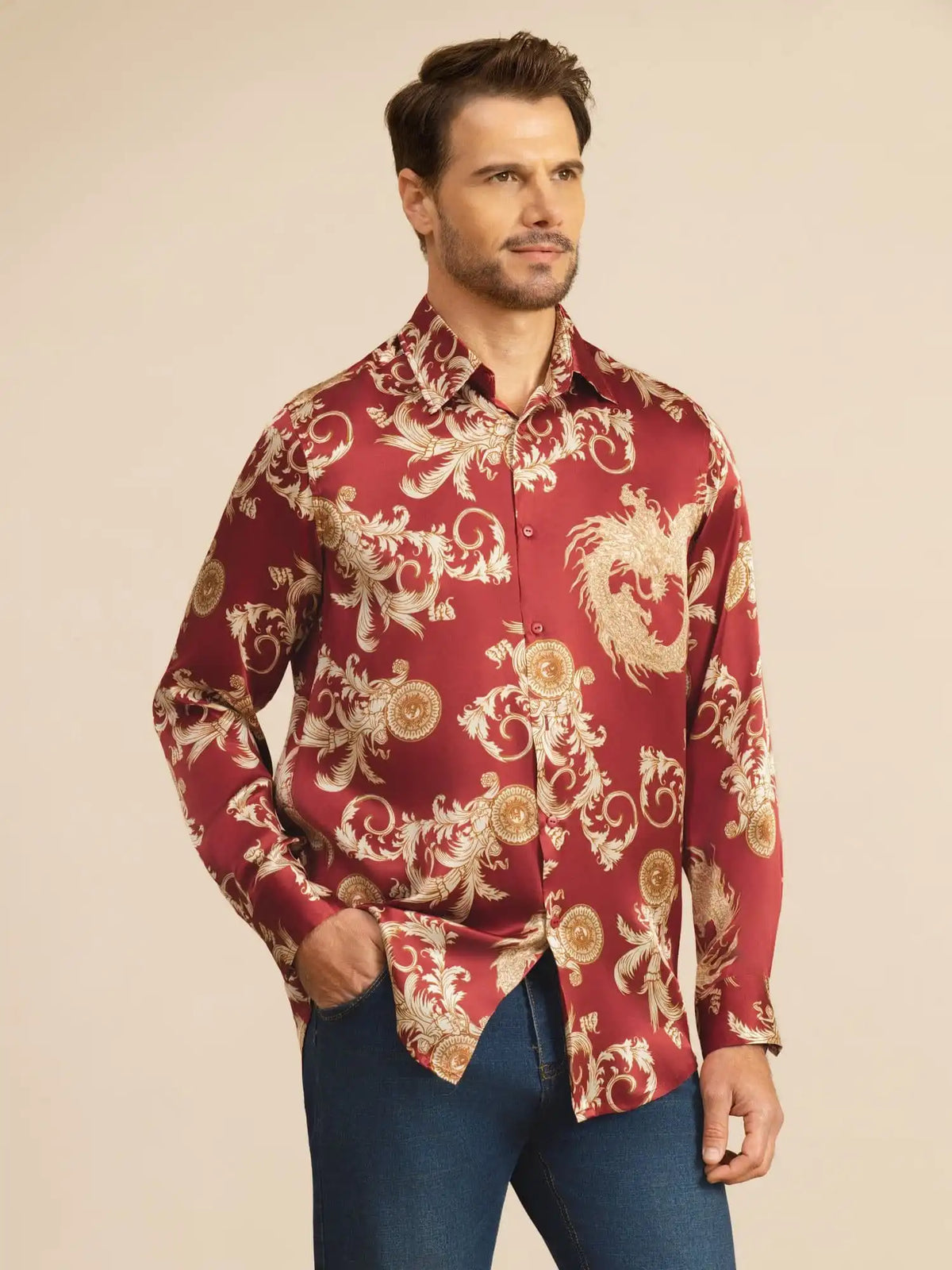 Pure Silk Men's Long Sleeve Lapel Collar Dragon Print Shirt
