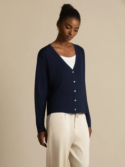 100% Mulberry Silk Women's V-Neck Long Sleeve Basic Cardigan