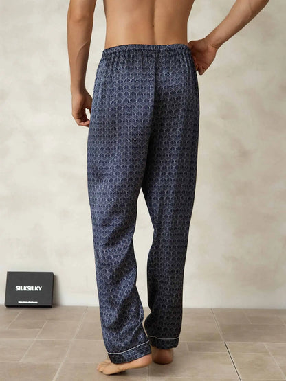 Men's 100% Mulberry Silk Ginkgo Print Sleep Pants with Elastic Waist