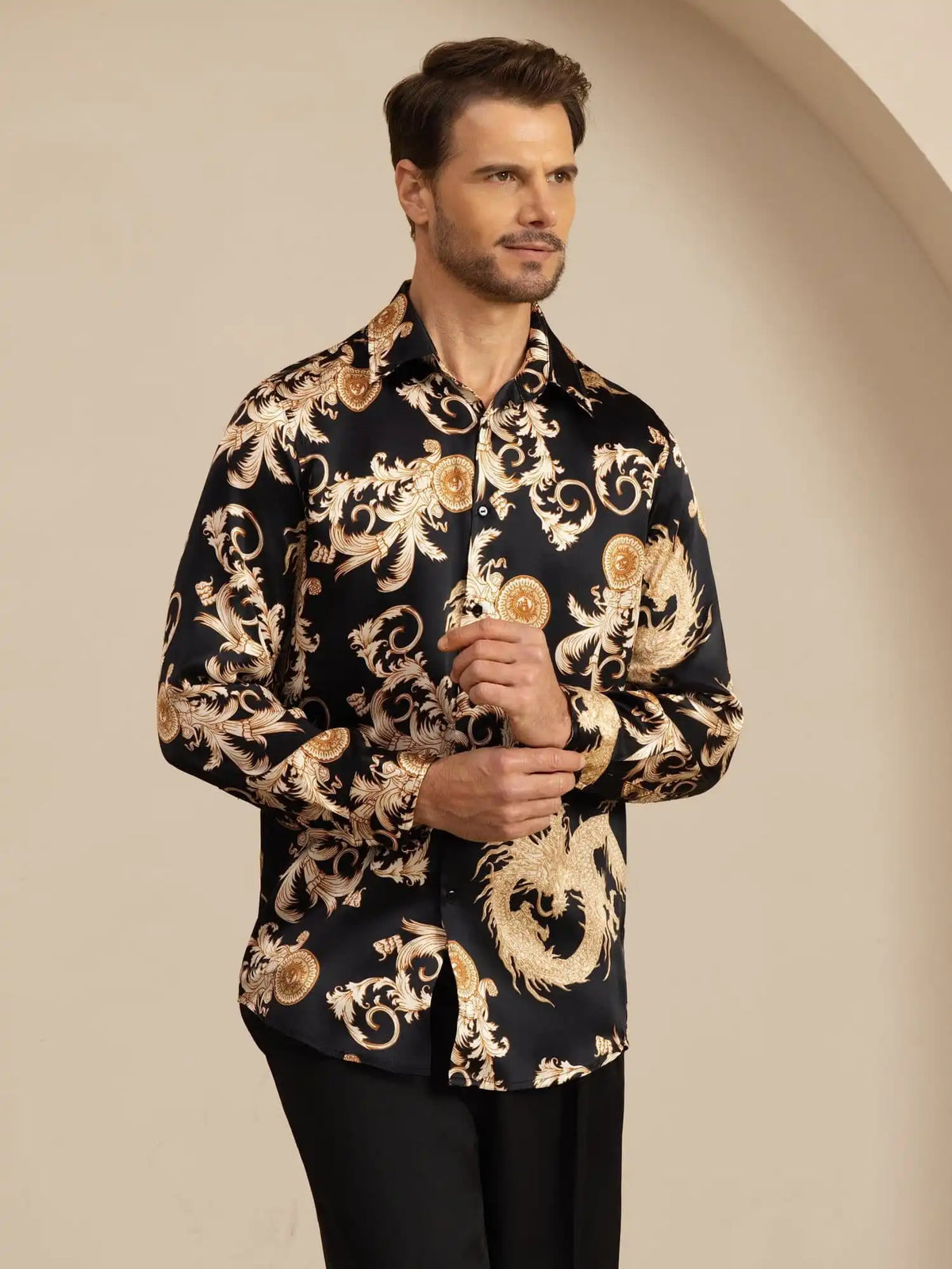 Pure Silk Men's Long Sleeve Lapel Collar Dragon Print Shirt