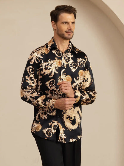 Pure Silk Men's Long Sleeve Lapel Collar Dragon Print Shirt