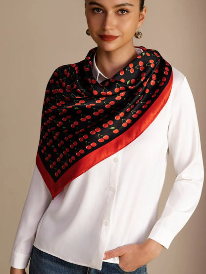 100% Mulberry Silk Cherry Pattern Scarf - Size 90x90cm