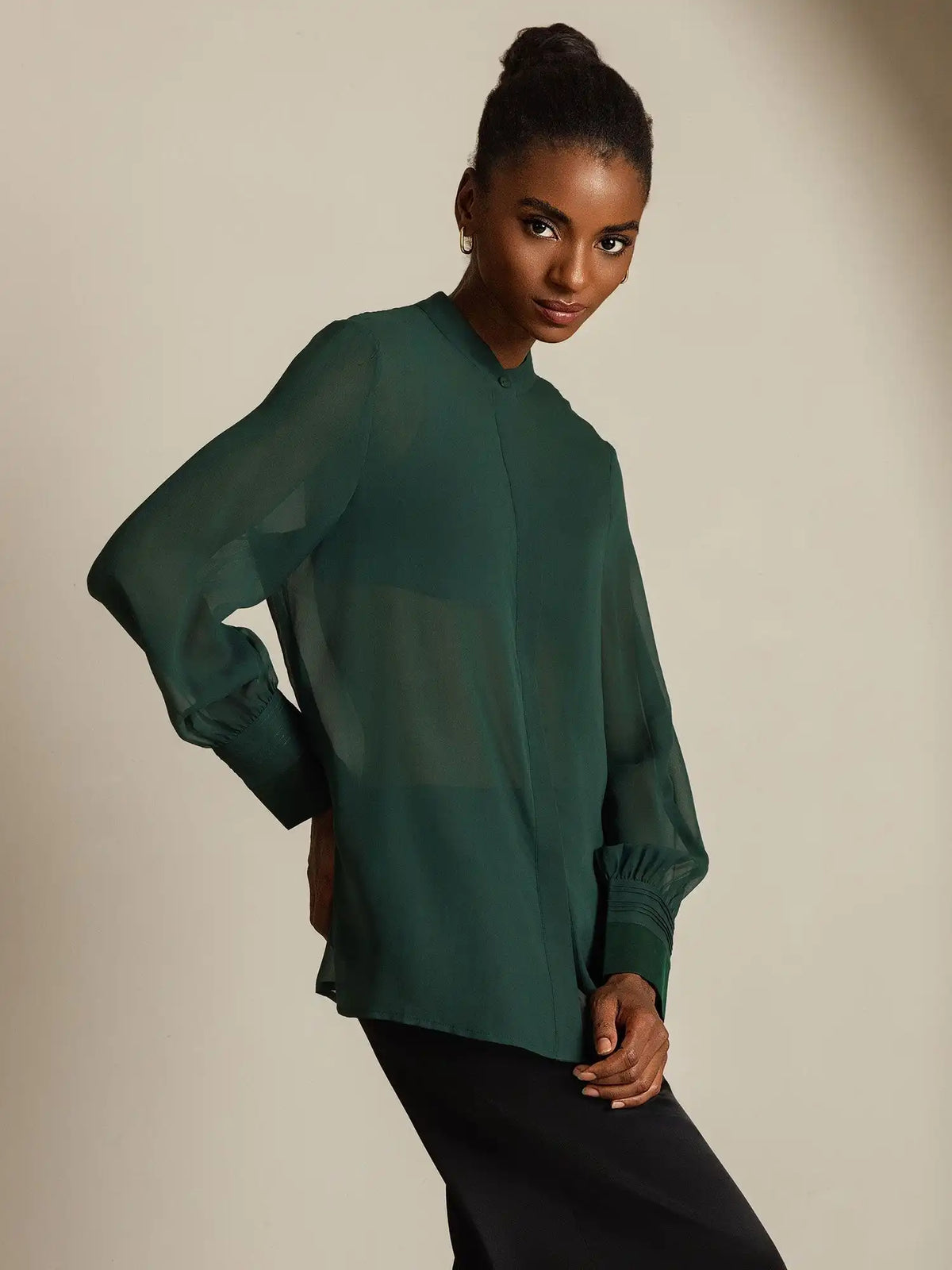 100% Mulberry Silk Long Sleeve Split Sheer Blouse