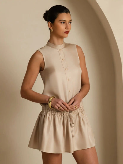 Clearance - Pure Silk Sleeveless Short Dress With Adjustable Drawstring Drop Waist