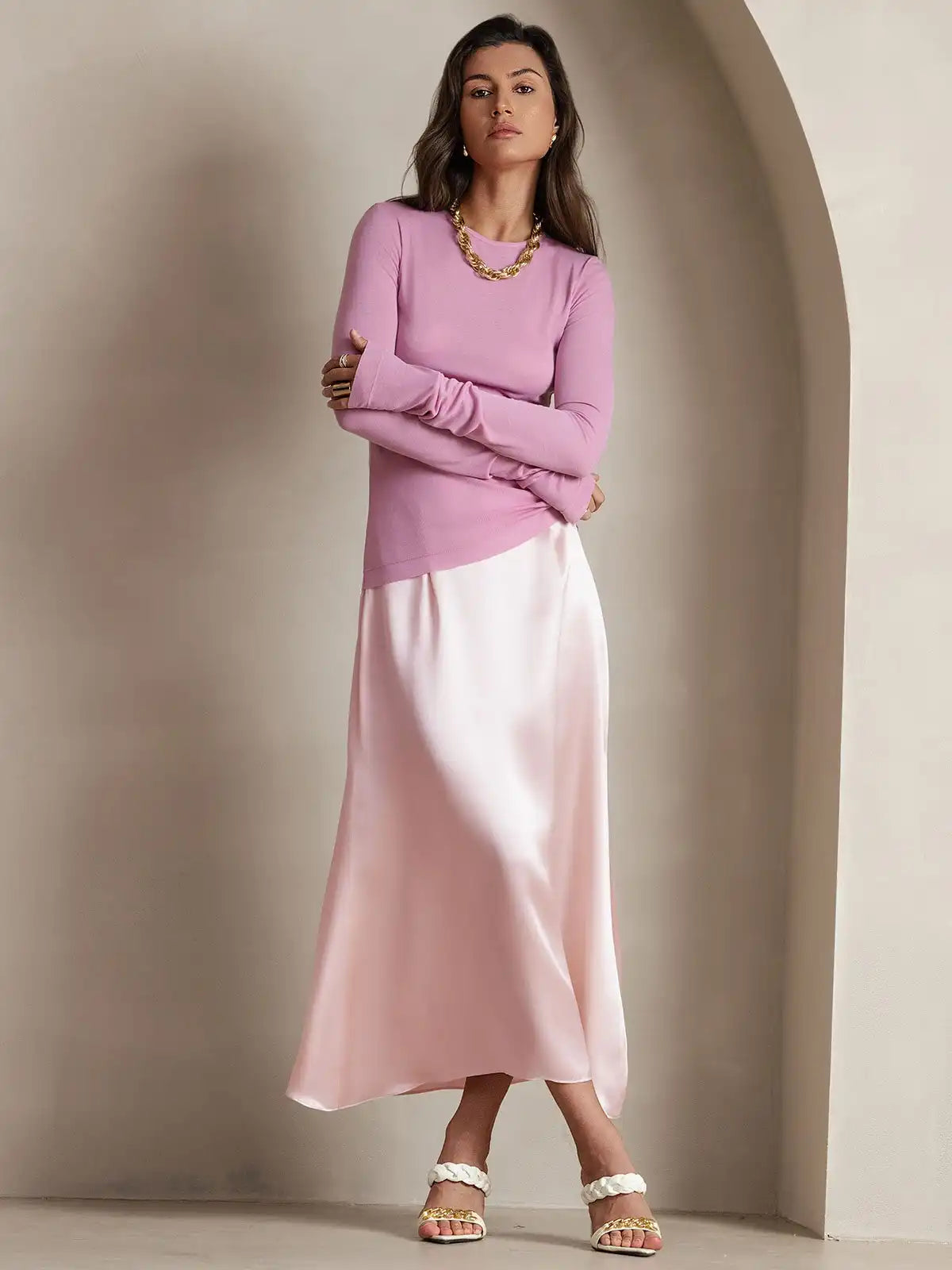 Clearance - 19Momme Silk A Line Maxi Skirt with Zipper Design