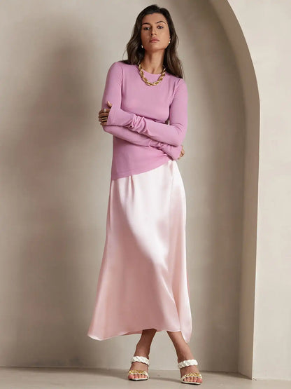 Clearance - 19Momme Silk A Line Maxi Skirt with Zipper Design