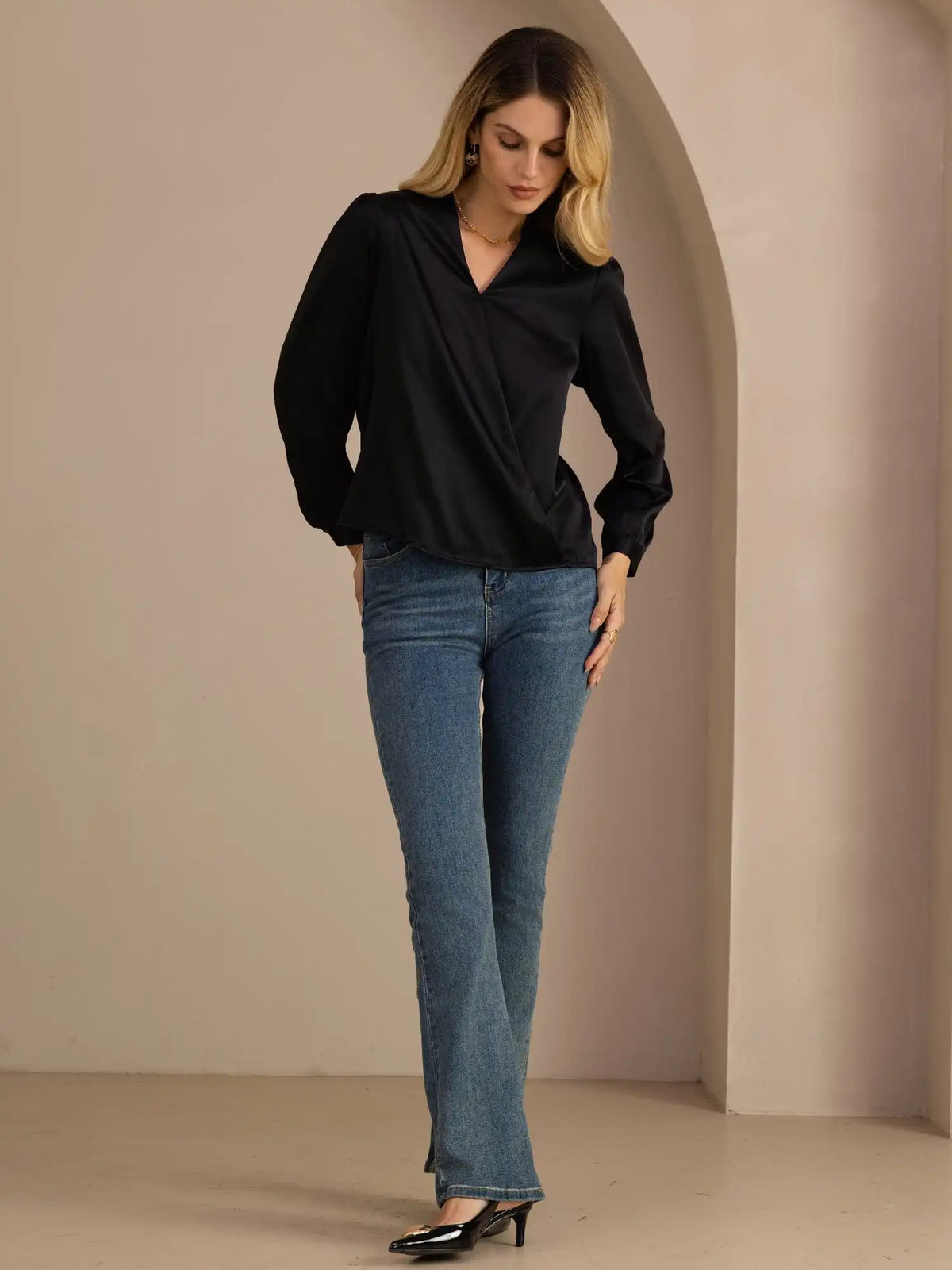 19Momme Silk Women’s Wrap Neck Long Sleeve Blouse