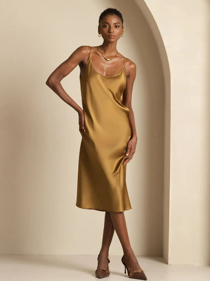19Momme Silk Scoop Neck Backless Spaghetti Strap Midi Dress