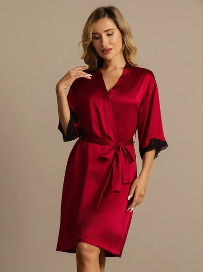 100% Mulberry Silk Basic Women's Robe with Lace Design