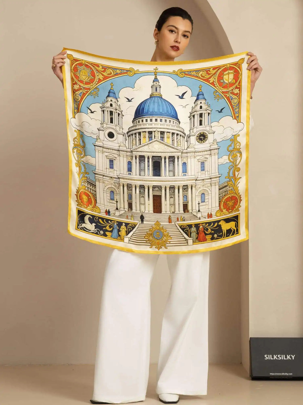 Clearance - Pure Silk White Cathedrals Print Square Scarf - Size 90x90cm