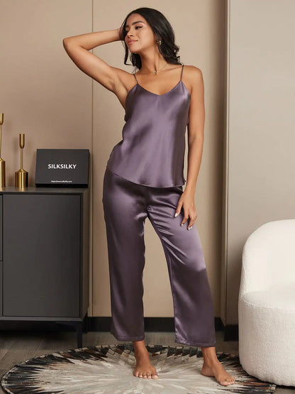 100% Mulberry Silk Spaghetti Strap V Neck Cami & Pants Pajama Set