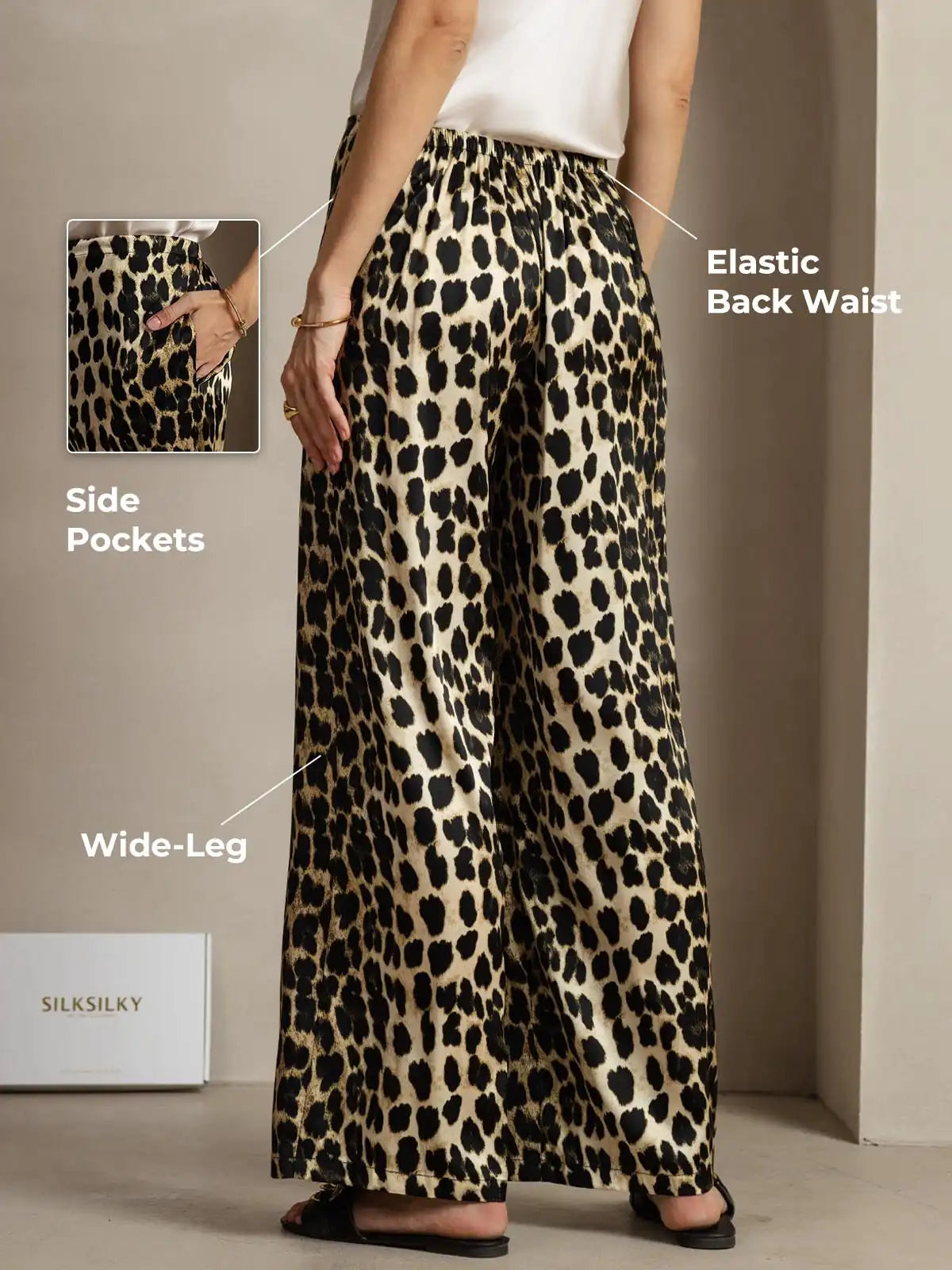 19Momme Silk Leopard Print Wide Leg Women's Pants With Side Pockets Design
