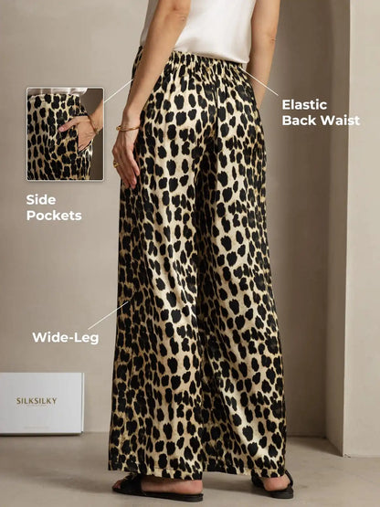 19Momme Silk Leopard Print Wide Leg Women's Pants With Side Pockets Design