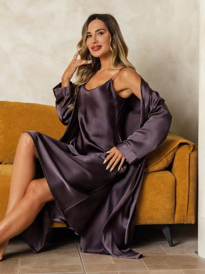 100% Mulberry Silk V-Neck Midi Nightgown & Robe Set 2Pcs