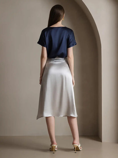 Clearance - 19Momme Silk A Line Long Slit Skirt with Zipper Design