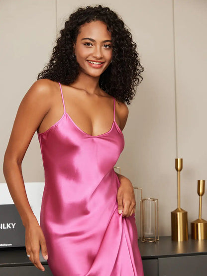 100% Mulberry Silk Spaghetti Strap V-neck Midi Nightgown