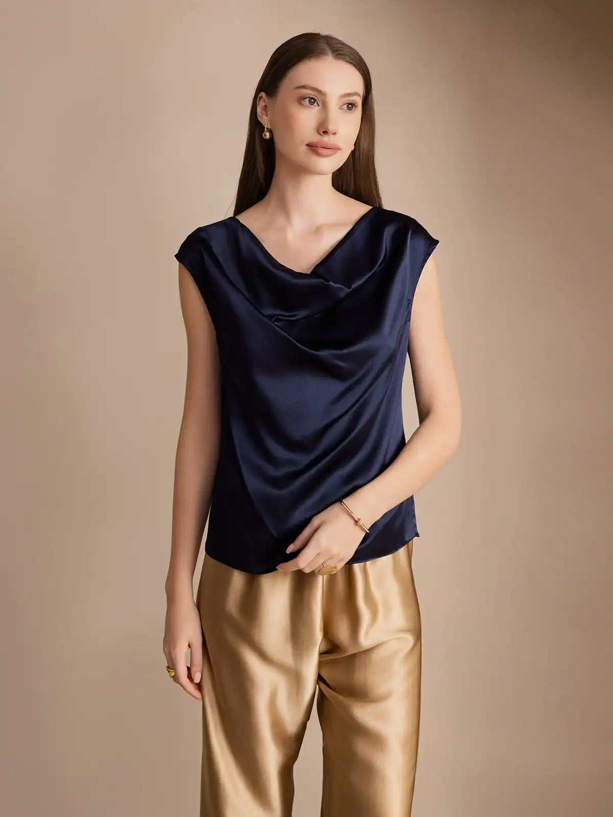 19Momme Silk Cap Sleeve Cowl Neck Women's Top