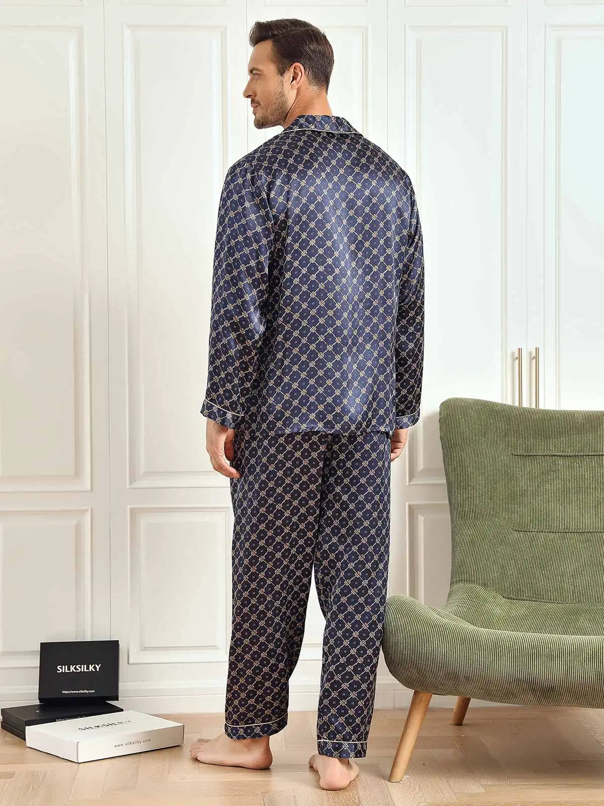 100% Mulberry Silk Navy Chain Print Long Sleeve Men's Pajamas Set With Pants
