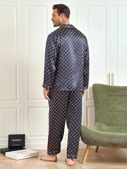 100% Mulberry Silk Navy Chain Print Long Sleeve Men's Pajamas Set With Pants