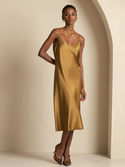 19Momme Silk Scoop Neck Backless Spaghetti Strap Midi Dress