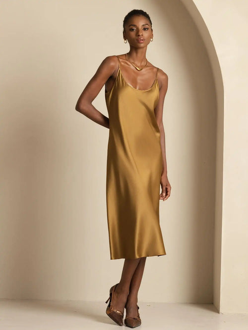 19Momme Silk Scoop Neck Backless Spaghetti Strap Midi Dress