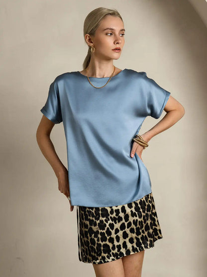 19Momme Silk Short Sleeve Boat Neck Cuffed Sleeve Women's T-Shirt
