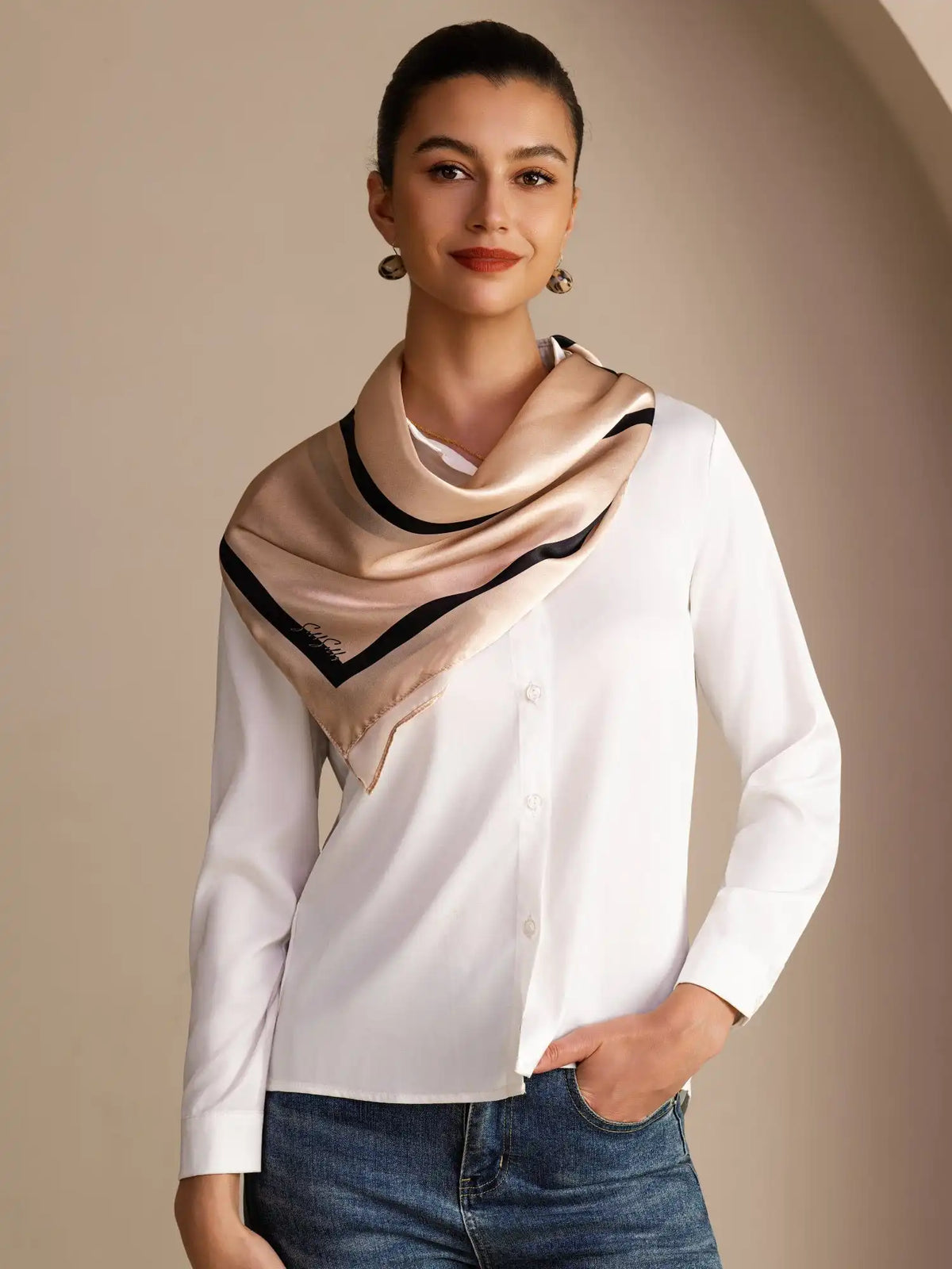 100% Mulberry Silk Geometric Block Pattern Scarf - Size 90x90cm