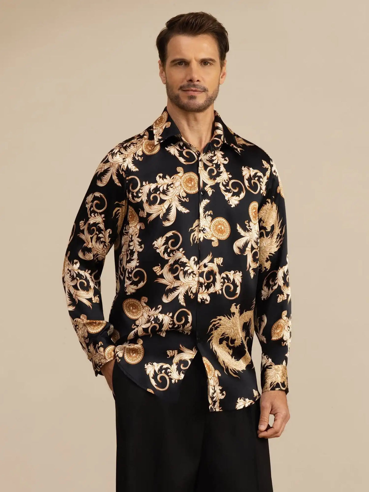 Pure Silk Men's Long Sleeve Lapel Collar Dragon Print Shirt