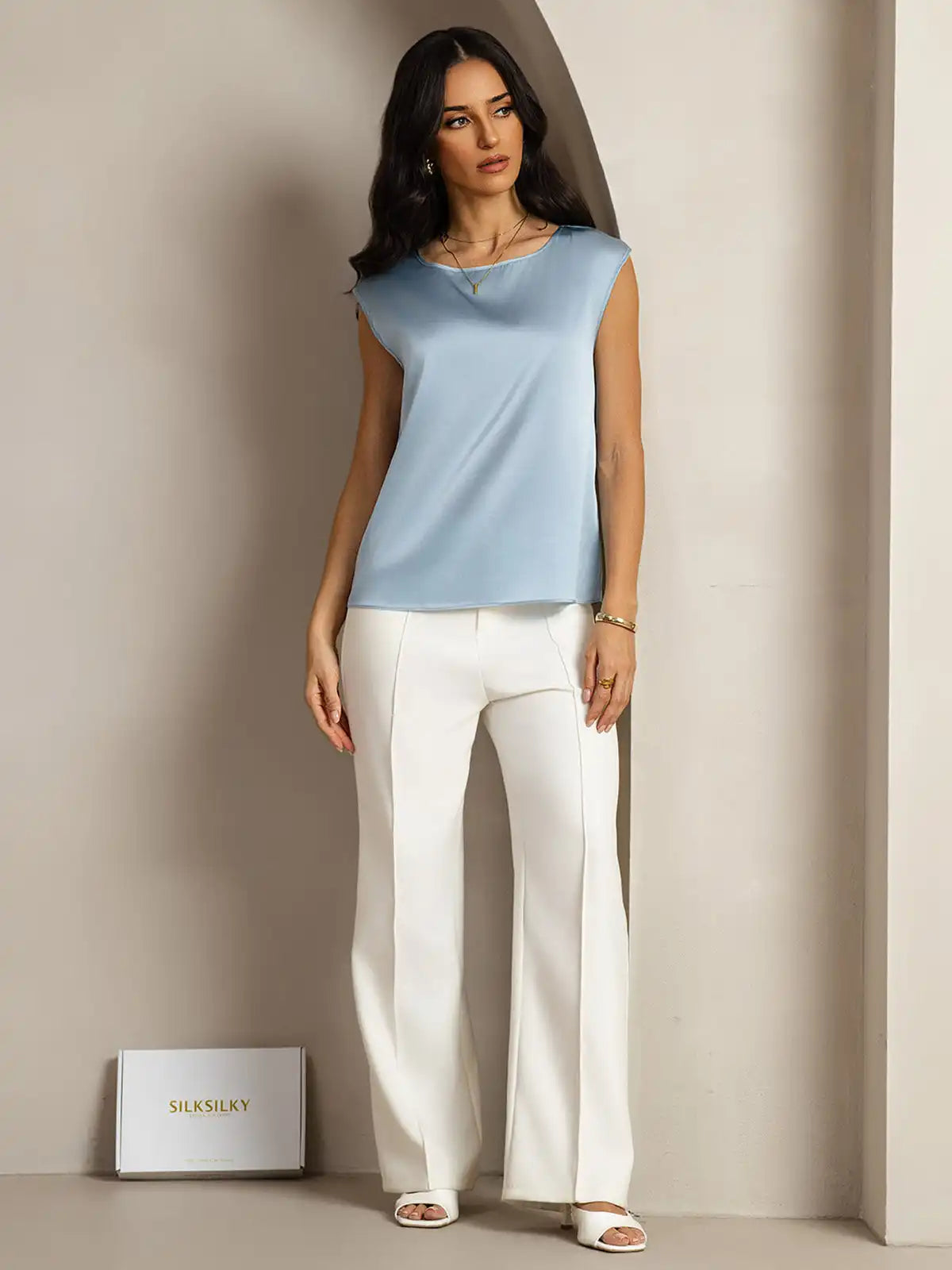 19Momme Women's Silk Cap Sleeve Round Neck Top