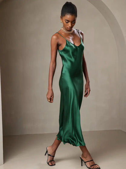 100% Mulberry Silk Spaghetti Strap Midi Long Dress