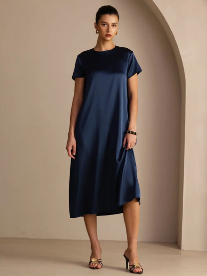 19Momme Silk Short Sleeve Crew Neck  Midi Dress With Side Pockets