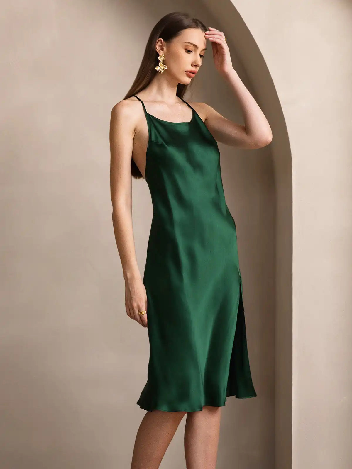 Elegant 100% Mulberry Silk Cross Backless Midi Dress with Side Slit