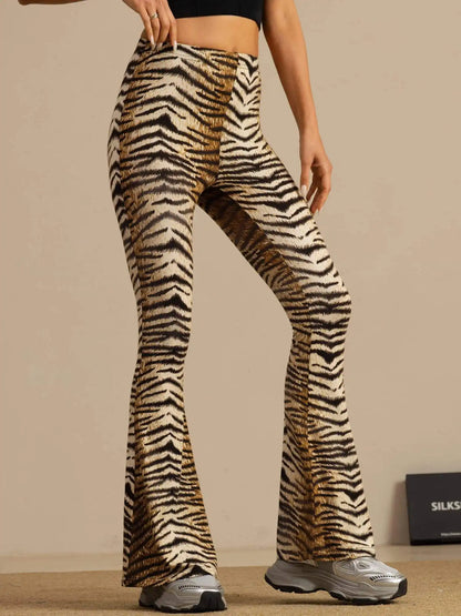 Clearance - Pure Silk Wild Animal Print Women's Flare Pants High Waisted Bell Bottom