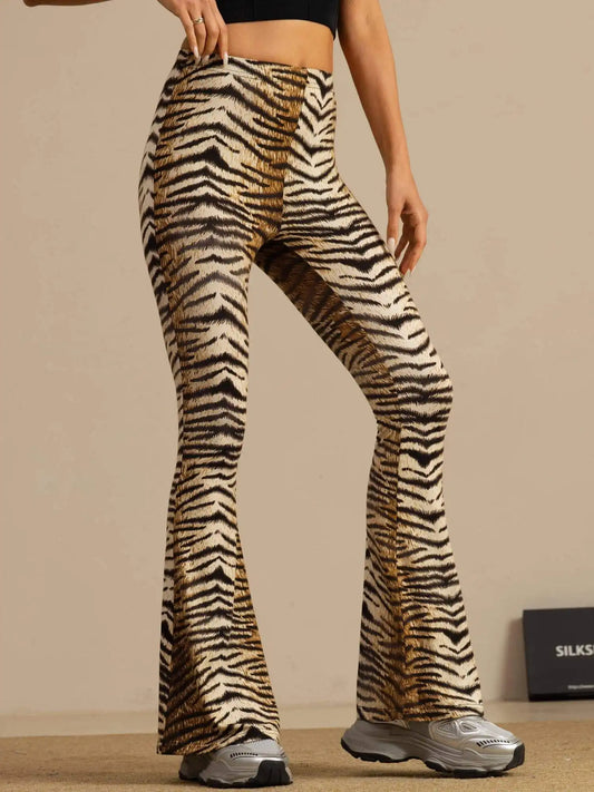 Clearance - Pure Silk Wild Animal Print Women's Flare Pants High Waisted Bell Bottom