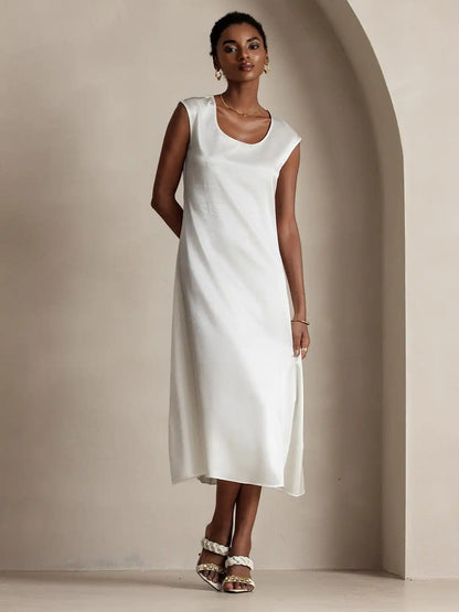 19Momme Silk Cap Sleeve Round Neck Midi Dress