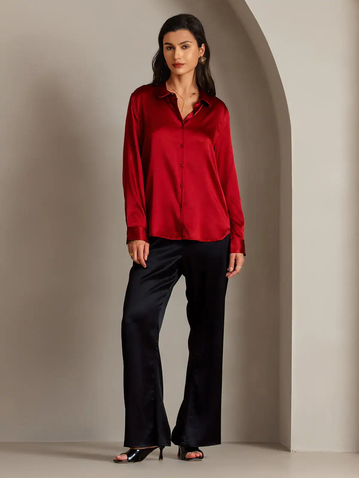 19Momme Silk Long Sleeve Lapel Collar Women's Shirt with Button Up Design