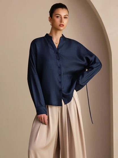 100% Mulberry Silk Women’s Split Neck Long Sleeve Blouse With Drawstring