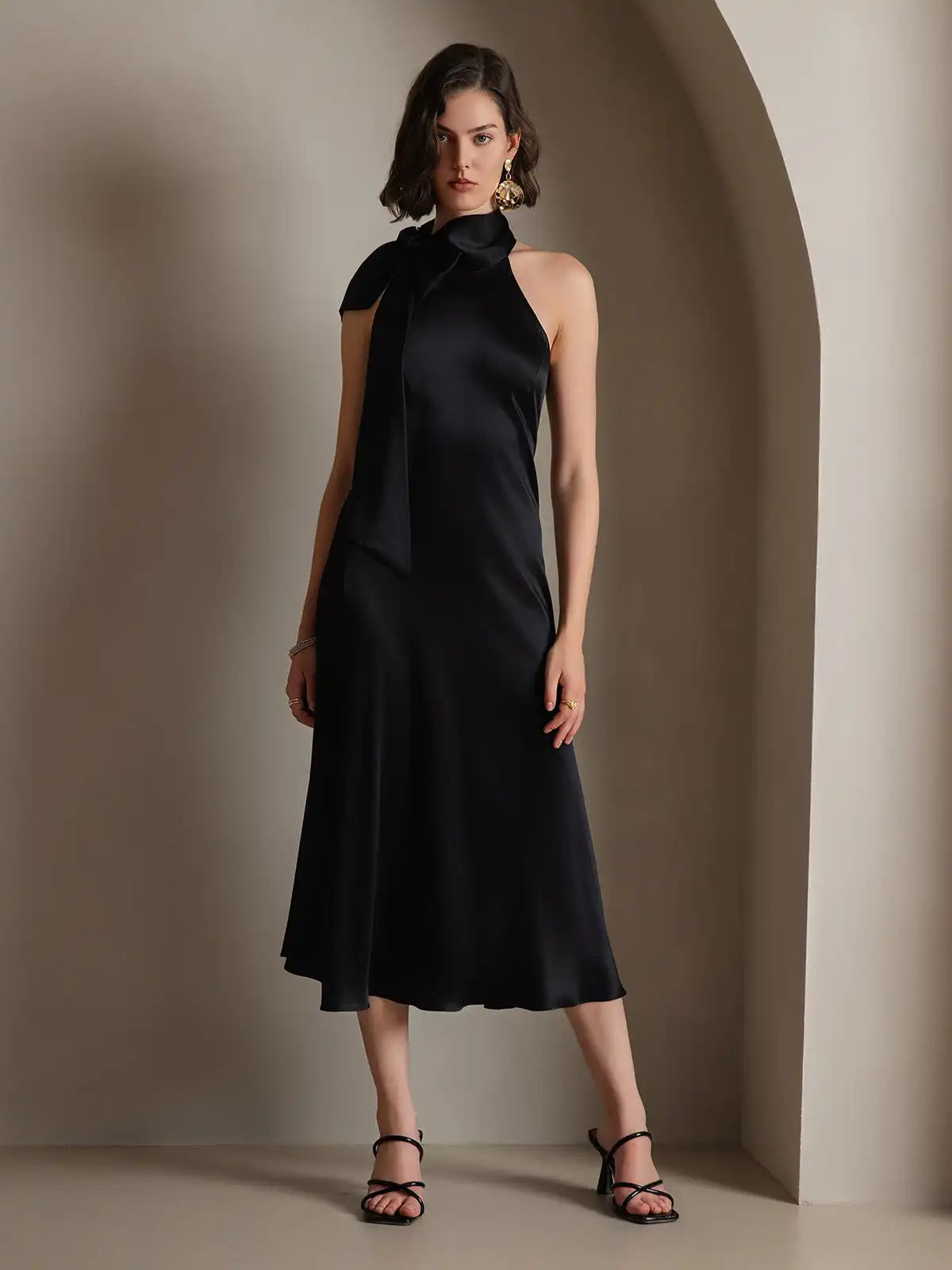 19Momme Silk Sleeveless Tie Neck Midi Dress