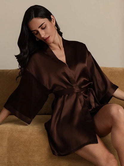 100% Mulberry Silk Short Women's Kimono Robe with Wrap Design